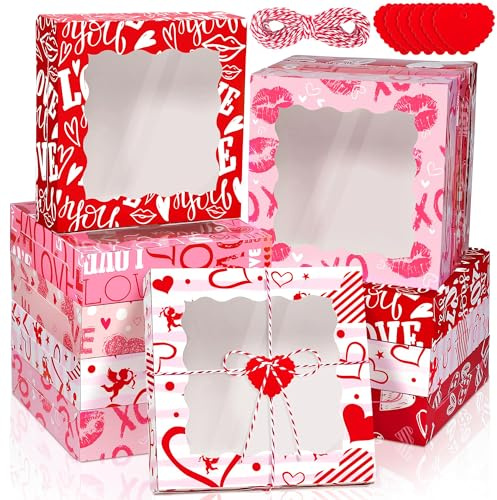 MIMIND 24 Packungen Valentinstags-Plätzchen-Boxen 25,4 x 25,4 x 6,3 cm, Herz-Bäckerei-Boxen mit PVC-Fenster, Cupcake-Schachteln mit Herzkarten, Valentinstagsgeschenke für Hochzeit, Kochen, Party