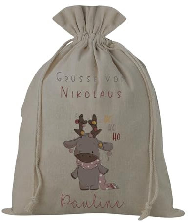 Kilala Nikolausstrumpf zum befüllen Weihnachsstrumpf mit Name personalisiert Kinder Erwachsende Aufhängen für Weihnachtsdeko (Nikolaussack Grüße vom Nikolaus Elch)