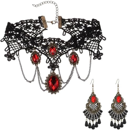KkvoGmle 3 Stück Gothic Schmuck Set, Spitze Halskette mit Ohrringe Set, Gotisch Choker und Rot Anhänger Ohrringe, Damen Halloween Vampir Dekoration, für Halloween Kostüm, Cosplay, Maskerade, Karneval