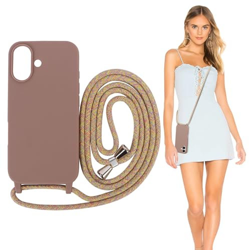 Iridsmole Crossbody Lanyard Case iPhone 16, Shockproof Silicone Protective Phone Case with Adjustable Neck Cord Necklace Strap, Phone 16 Cover Holder for Girls Women, Brown