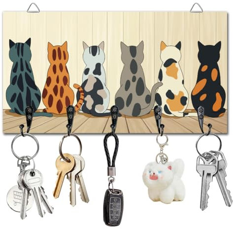 DELORIGIN Calico Cats Key Holder Key Hooks Wall Mounted Wooden Key Racks Key Storage Organizer Hanger with 5 Key Hooks House Key Holder for Wall Decor Door Entryway Hallway Kitchen New Home Gift