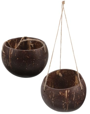 Abaodam Natürlicher Hänge Pflanzkübel aus Kokosnussschale, 2 Stück Braun | Drinnen und Draußen, Kette im Deko Stil, Modern, für Terrasse und Balkon