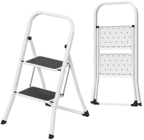 FIVMEN Escabeau pliable à 2 marches - Avec large marchepied - 30 x 20 cm - Charge maximale : 150 kg - Noir et blanc