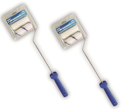 2 x Small Long Handled Paint Roller Set 4 inch - 2 Roller Refills Foam and Fabric Heads - Long Reach Decorating Paint Roller - Suitable for Walls Ceilings Radiator and skirting Boards.