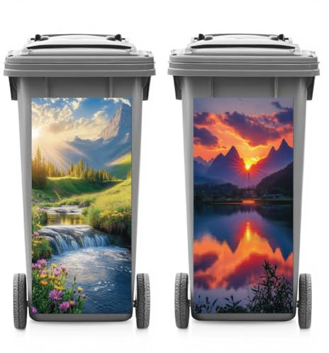 ANATTASOUL 2 Sheets Wheelie Bin Stickers Decorative Mountain Stream Waterproof Dustbin Decor, 14.9x 32.2 Adhesive Large Decal for Bins, Fridge, Wall Outdoor, Indoor Decoration