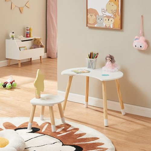 [en.casa] Kinderschreibtisch Set mit Stuhl Lallega Kindertisch Mond- und Stern-Design Schreibtischstuhl mit Rückenlehne Kinderspieltisch Maltisch für Kinder Weiß