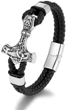 Wikinger Lederarmband Thors Hammer – Edelstahl Mjölnir Armband mit Magnetverschluss – Nordische Mythologie Schmuck für Herren & Damen – Viking Biker Mittelalter Accessoire (19/21/23 cm) (19 cm Länge)