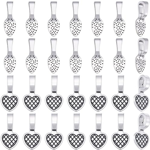 SOFPLATE 120Pcs 2 Styles Bails for Jewelry Making Necklace Pendant Bail Small Silver Oval Heart Shaped Earring Necklace Glue On Flat Pad Jewelry Findings for Pendants DIY Cabochons Glass Gems Crafts