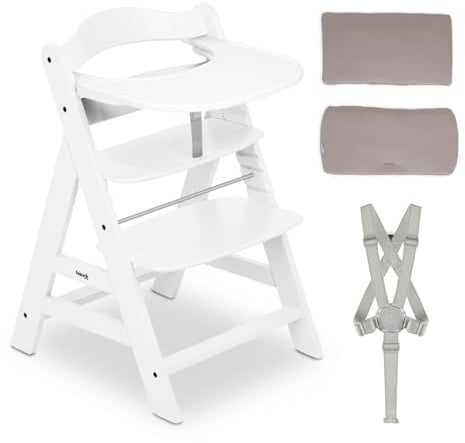 hauck Alpha+ Hochstuhl aus Buchenholz inkl. Klick Essbrett & Sitzkissen - Mitwachsender Kinderhochstuhl ab 6 Monaten bis 90 kg, Höhenverstellbar, mit 5-Punkt-Gurt, Schrittgurt & Essbrett, TÜV-geprüft