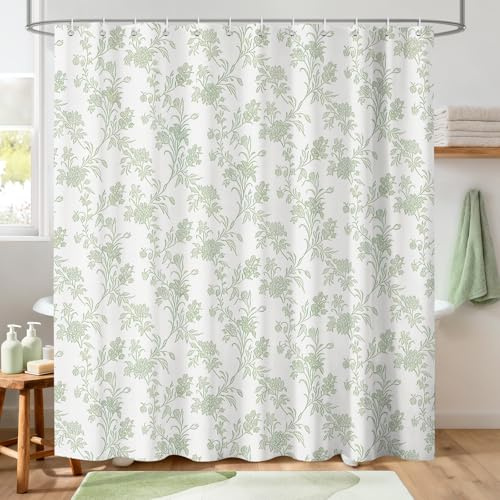Hopomoon Rideau de Douche délicat 180 x 180 cm Motif Floral et vrilles Vert Sauge Rideau de Douche imperméable et Lavable Style Cottage pour Salle de Bain et Douche