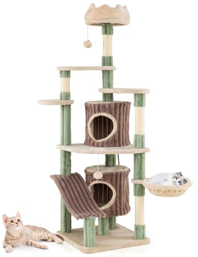 COSTWAY Kratzbaum Groß, 163 cm Katzenbaum mit 2 Katzenhöhlen, großer Basis, Rutschplattform, Sisalpfosten, Korb, & Ball, Katzenkratzbaum Holz, Eckkratzbaum Kletterbaum Katzen, Grün + Braun