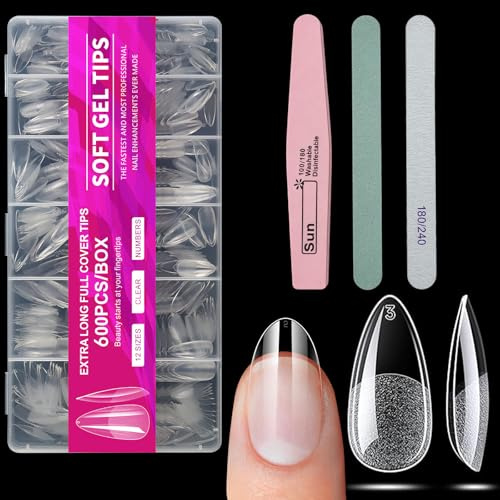 ChioSun Almond Nail Tips, 600Pcs Soft Gel with Professional Tools,12 Sizes | Half Matte Full Cover Clear Short Nail Tips for Nails Extension, Press on Nails Manicure Salon DIY at Home