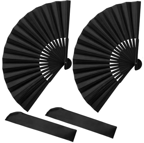 Snugcore 2PCS Black Folding Hand Fans with Storage Pouch, Portable Chinese Fans for Rave Party Home Decor, Decorative Folding Fans