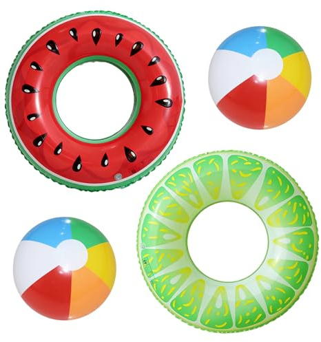 MLPKOI 2 Piezas Flotador Inflable de Piscina & 2 Pelotas de Playa, Anillo de Natación Inflable, Flotadores Piscina Adultos Niños, para Piscinas de Verano y Playa