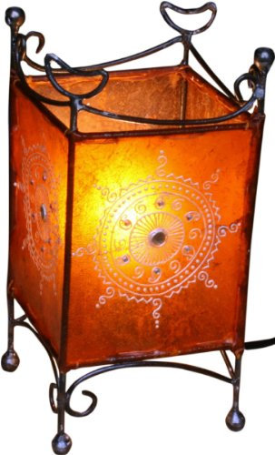 GURU SHOP Hennalampe Leder Tischlampe/Tischleuchte - Madras Weiß, 25x12x12 cm