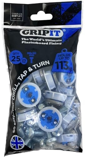 Gripit Blue Plasterboard Fixings - Pack of 25 - Heavy Duty Plasterboard Fixings for Drywall & Stud Walls, Holds Up to 113kg - For Mounting TVs, Kitchen Cupboards & Boilers - Easy Install & UK Designed