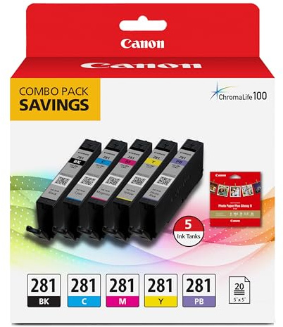Canon CLI-281 Genuine Combo Pack with 20 (5x5) Sheets, Compatible with TS9120 Series,TS8120 Series, TS8220, TS8320, and TS6320 Printers