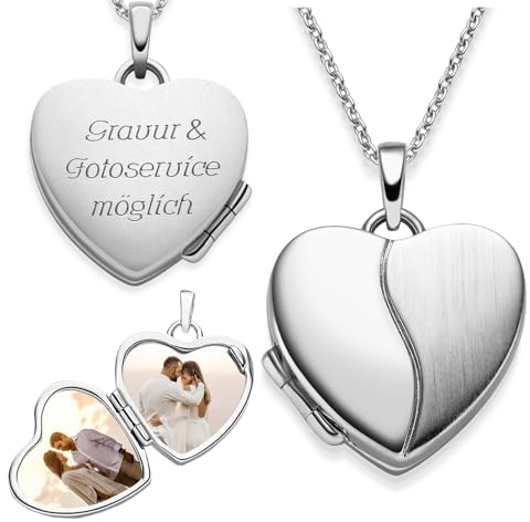 Herz Medaillon zum Öffnen für Bilder Silber 925 | Kette Damen Medallion mit Bild | Foto Amulett Anhänger Herzmedallion | Halskette Herzkette mit Gravur