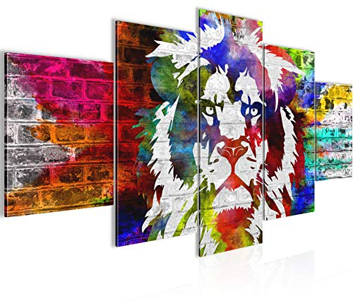 Runa Art - Bilder Löwe Graffiti 200 x 100 cm 5 Teilig XXL Wanddekoration Design Bunt 303551a