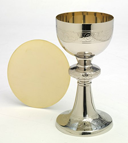 Altarkelche Kelch mit Patene vernickelt H 20 cm, Messing, vernickelt, Silber, Wird mit Patene geliefert