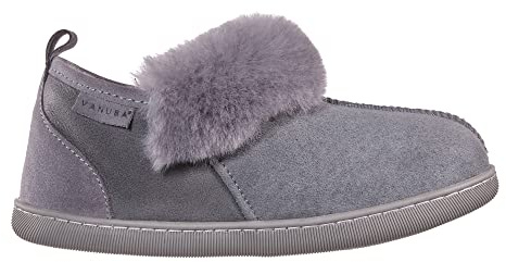 Vanuba Karayaka Handmade Damen Hausschuhe, Naturleder, 100% Schafwolle, Warme und Bequeme Hausschuhe,Leder Harz Grau/ Grau,39 EU