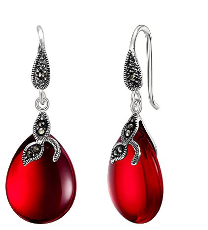 EVER FAITH Red Earrings for Women, 925 Sterling Silver Natural Red Chalcedony Art Deco Vintage Leaf Teardrop Stone Drop Dangle Hook Earrings Jewellery Gifts