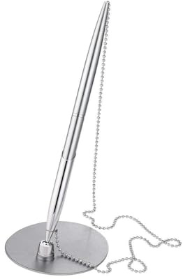 Alco-Albert - Kugelschreiberständer Standkugelschreiber silber | Ovaler Metallhalter mit 55 cm Kugelkette, inkl. Klebepad, Silikon-Noppen und Standardmine
