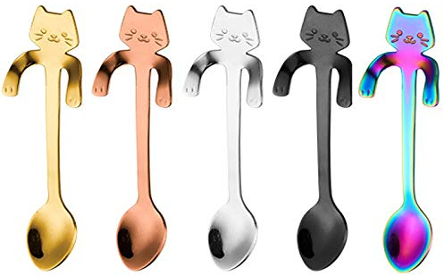 SHFSDHF Cucchiaino da Dessert per Gatti Cucchiaio da caffè a Forma di Gatto Set Cucchiaino da caffè Gatto in Acciaio Inox, da Appendere,per Acqua tè Latte caffè Dessert Bevanda Frappè 5 Pezzi