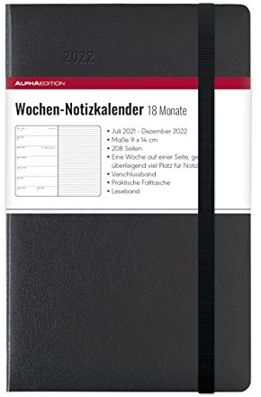 Wochen Notizkalender 18 Monate klein Black 2022 - Taschen-Kalender 9x14 cm - mit Verschlussband & Falttasche - Juli 2021 bis Dez 2022 - Weekly - 208 Seiten