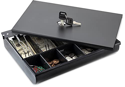 Volcora Cash Drawer Tray with Locking Cover - 11.7 x 10.3 x 2.3 Inch Metal Cash Lock Box with Lid - 4 Bill/5 Coin Money Organizer for Volocara 13 Fully-Removable Cash Drawers - For Business Use
