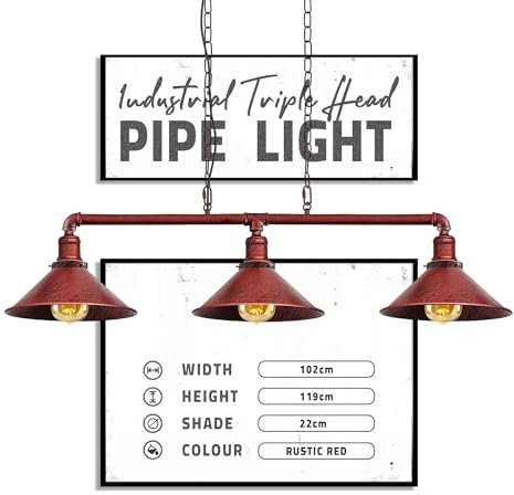 DC VOLTAGE Industrial Suspended Ceiling Pendant 3 Lamp Rustic Red Metal Water Pipe Vintage 22cm Shade with Hanging Chain Light Fitting for Living Room Home Decor & Improvement Essential