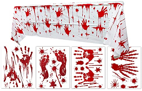 Senua Halloween-Dekorationsset, 5-teilig: Blutige Spritzer Tischdecke & 4 Stück Blutige Handabdrücke Fußabdrücke Fensteraufkleber für Halloween Party Dekorationen