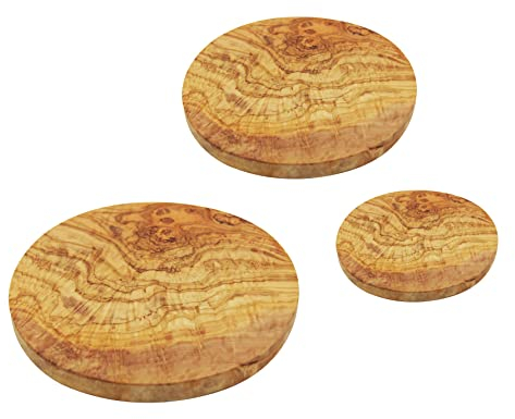 Set di 3 tavole da taglio in legno di ulivo: rotonde, spesse, fatte a mano, confezione economica: acquista 2 e ottieni 1 gratuitamente. Dimensioni: (8.66''- 11.81''- 13.78'') x 0.98''.