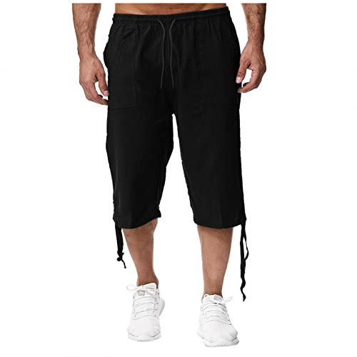 Buetory Men 3/4 Linen Cotton Capri Pants Elastic Waist Casual Loose Baggy Harem Pant Summer Beach Yoga Shorts Cropped Trousers(Black,X-Large)