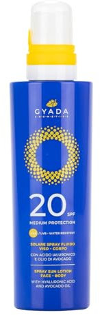 GYADA COSMETICS, Sonnenspray für Gesicht und Körper SPF20, mittlerer Schutz, nährend und schützend, Sonnencreme, schnelles Gesicht, wasserfest, nicht auftragend, 200 ml