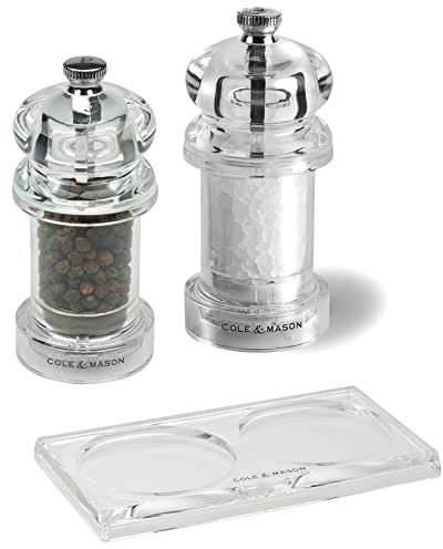 Cole & Mason 3-tlg. klassisches kleines Acrylglas Salz- & Pfeffermühlen Set 10.5 cm mit Tablett aus Acryl