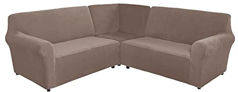 TIUTIU L-Form Sofahusse 5/7-Sitzer Eckcouch Cover, Elastischer Ecksofabezug Mit Anti-rutsch Schaumstoffankern, 3-teilige Dicker Plüsch Samt Schonbezug (Taupe,7-Sitzer)