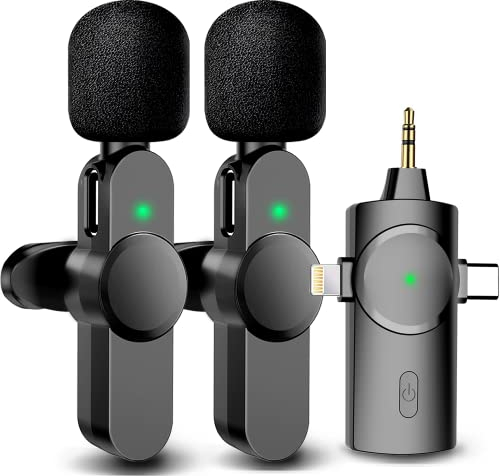 Wireless Microphone, Lavalier Microphone for iPhone Android Camera PC, Clip on Mics Dual Lapel Microphones for Video Recording (Lav Mics with 3-in-1 Connector)