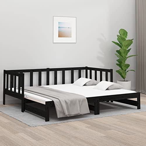 Yolola Schlafsofa,Schlafcouch,Sofabett,Bettsofa,Ausziehsofa,Jugendbett,Gästebett,ausziehbares Doppel-Bett,Tagesbett Ausziehbar,Massivholz Kiefer-Schwarz-2x (90 x 190) cm
