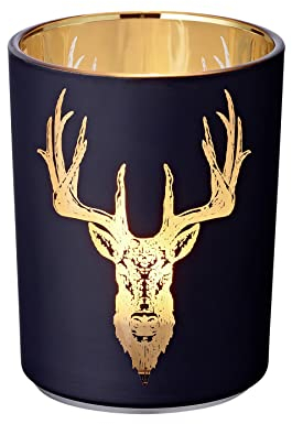 EDZARD Windlicht Lio (Höhe 13 cm, ø 10 cm), außen matt-schwarz/innen Gold mit Hirsch-Motiv
