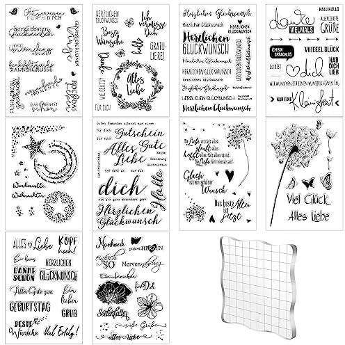 Silikonstempel Set, 10 Bögen Stempel Sprüche Deutsch Stempel Glückwunsch Clear Stamps Silikonstempel mit Stempelblock 10x10 cm für Osterdeko Hochzeit Geburtstag Taufe Einladung Karten(10 Stile)