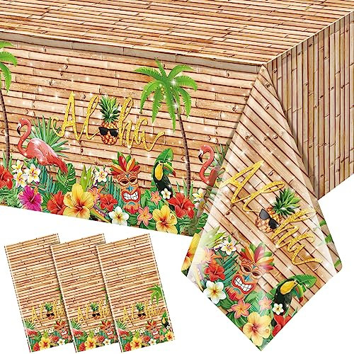 Hawaiianische Luau-Tischdecke, Tiki-Party-Tischdecken, tropische Tischdecke, Kunststoff, Einweg-Tischdecken für Tiki-Bar, tropischer Sommer, Strand, Pool, Geburtstagsparty-Dekorationen, 274 x 137 cm,