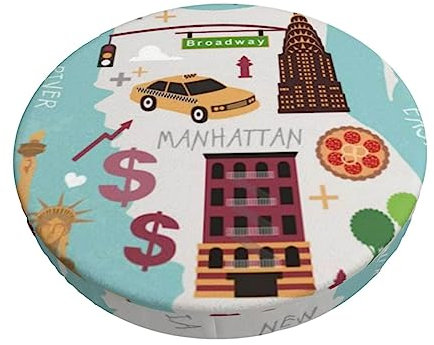 OPSREY New York Map Illustration Print Runde Hockerbezüge Elastisch Waschbar Hocker Schonbezug Für Home Salon Bar 35,6 cm