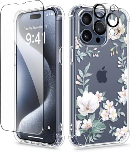 GVIEWIN Case Compatible with iPhone 15 Pro 6.1 2023, with 2X Screen Protector+2X Camera Lens Protector,Non-yellow Flower Clear PC Slim Shockproof Anti-Scratch Protective Cover, Magnolia/White