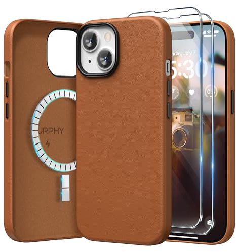 SURPHY Cover MagSafe in Pelle per iPhone 15 plus con 2 Vetro Temperato(6,7''),Custodia Magnetica Inrealizzata in Pelle Pregiata per iPhone 15,Case Ultra-sottile, Custodia Protettiva, Marrone
