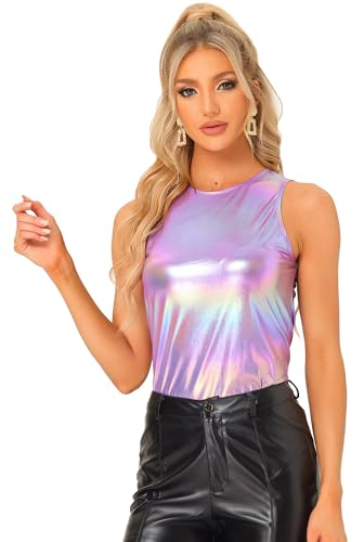 Allegra K Damen Pailletten Oberteil Metallic Glitzer Ärmellos Club Party Camisole Tank-Tops Hell Lila M