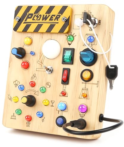 Joyreal Wooden Busy Board 2 Year Old, Montessori Sensory Toys for Toddlers, Fidget Board with 19 LED Lights, Educational Toys Travel Toys Activity Board for Boys Girls 2 3 4 Year Olds