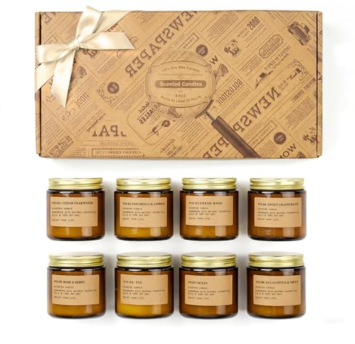 Scented Candles for Home, 8 Pack Soy Wax Candle Set, Aromatherapy Candles, Amber Jar Vintage Apothecary Style, 8 Scents Gift Set