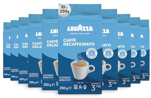 Lavazza, Caffè Decaffeinato, Café Molido Natural Descafeinado,10 x 250g, para Cafetera Italiana, de Filtro y Francesa, con Notas de Frutos Secos, Arábica y Robusta, Intensidad 3, Tueste Medio