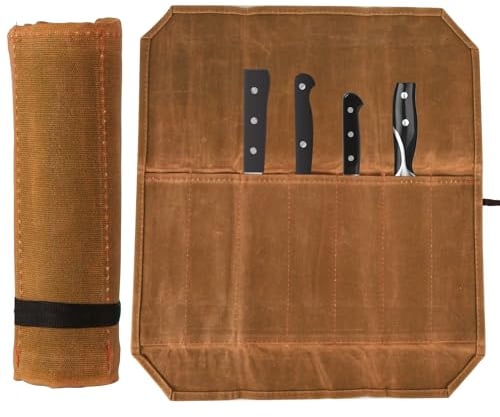 Knife Roll Bag, Portable Chef Knife Bag with 7 Slots Canvas Knives Pouch Knife Roll Case for Home Camping Picnic, Gift for Chefs or Cooking Lovers (Khaki)